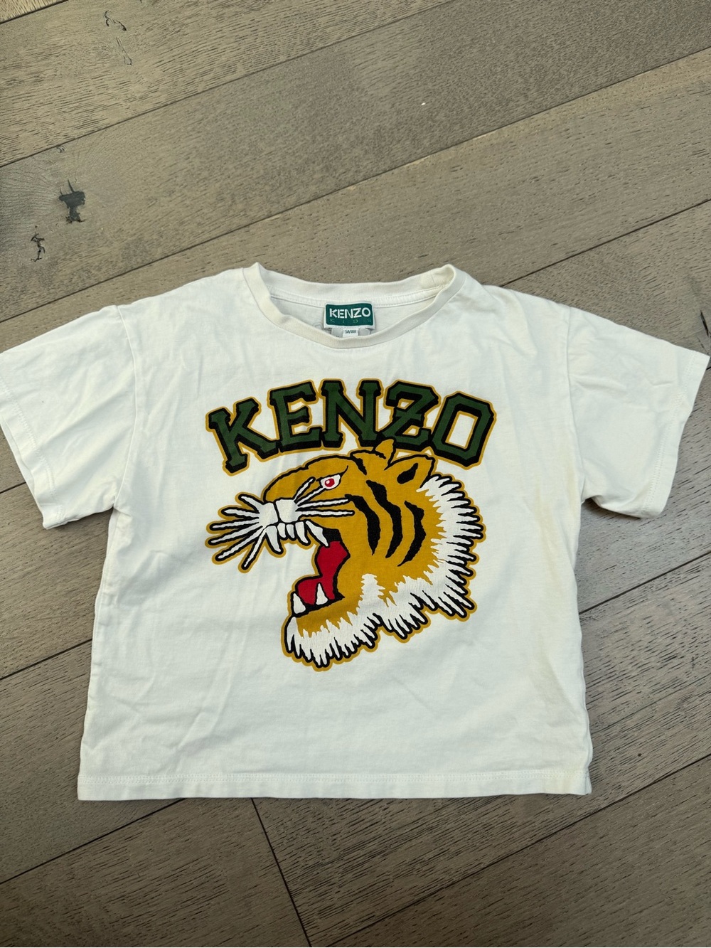 Kenzo White Kids Tee with Yellow & Black Tiger Patch